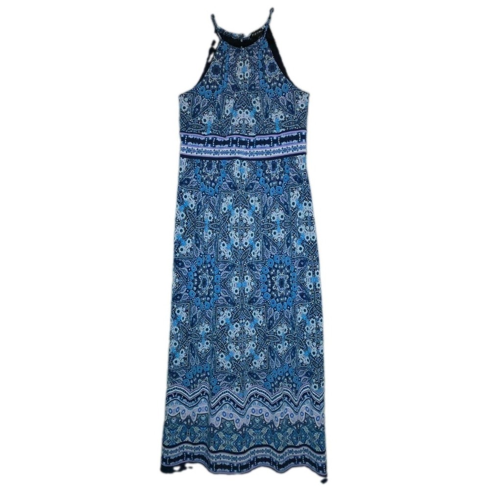 ROZ & ALI Halter Maxi Dress Women's 12 Boho Comfort Stretch Vibrant Blue Beachy